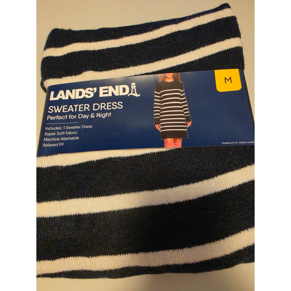 Lands End Womens Striped Sweater Dress Navy Blue White Long Sleeve Relaxed Fit M